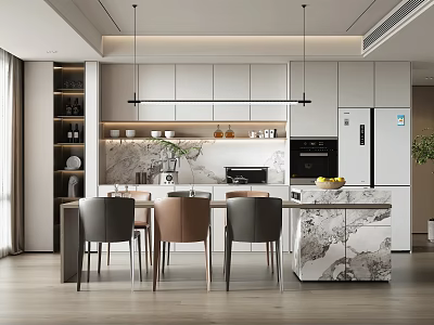 Elegant Modern Dining Room Interior With Marble Table Chairs Pendant Lights And Cabinets 3d model