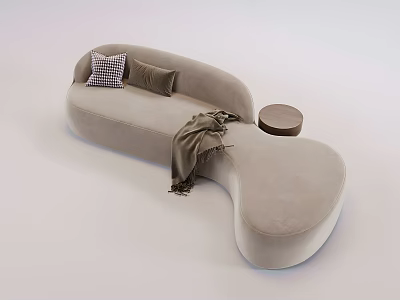 Modern Light Gray Irregular Shaped Sofa With Checkered And Solid Pillows Blanket Round Ottoman 3d model