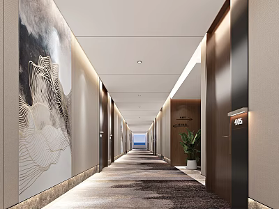 Elegant Hotel Corridor With Large Landscape Painting Dark Carpet And Recessed Lighting 3d model