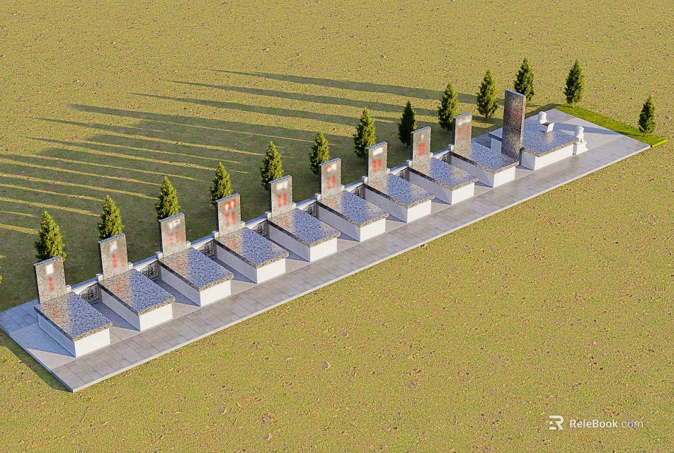 Row Of Neatly Aligned Stone Monuments With Trees On Grass Walkway 3d model 