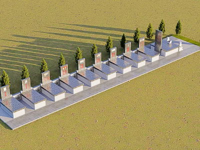 Row Of Neatly Aligned Stone Monuments With Trees On Grass Walkway 3d model
