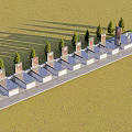 Row Of Neatly Aligned Stone Monuments With Trees On Grass Walkway 3d model