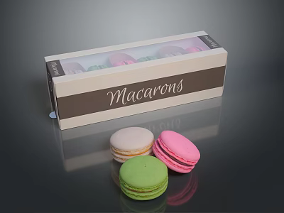 Colorful Macarons In Box Packaging With Three Pastel Colored Sweet French Dessert Treats 3d model