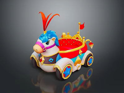 Decorative Toy Horse Carriage With Blue Horse Red Cushioned Seat Golden Decorations And Colorful Wheels 3d model