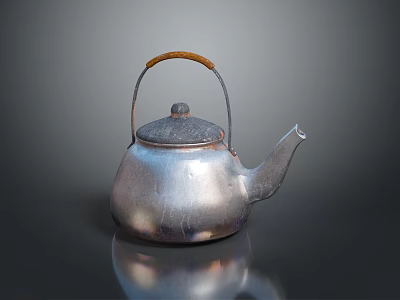 Shiny Stylish Household Teapot With Silver Metal Texture And Wooden Handle 3d model