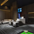 Modern Billiard Room Interior With Green Pool Tables Golden Ceiling Lines And Large Windows