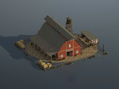 Red Barn With Water Tower Hay Bales And Small Shed In Rural Area 3d model