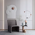 Gray Leisure Chair with Small Table Vase Plant and Modern Wall Decoration
