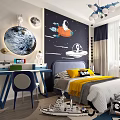 Space Themed Kids Bedroom Interior With Astronaut Spaceship Mural Moon Decor And Yellow Pillows