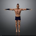 Muscular Shirtless Man In Dark Shorts With Arm Sleeves And Outstretched Arms On Gray Background