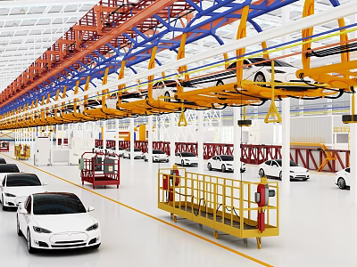 Automobile Factory Production Line With Robotic Arms And Cars Being Manufactured 3d model