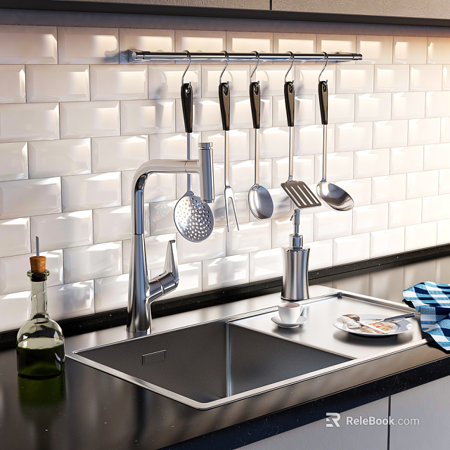 Hanging Cooking Utensils In Kitchen With Stainless Steel Sink And White Tile Wall 3d model 