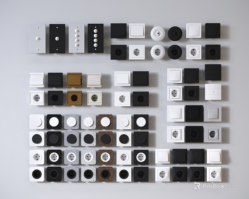 Contemporary Switch Panels in Various Colors and Modern Designs Arranged in Rows 3d model 