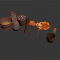 Bamboo And Wooden Kitchen Storage Containers With Beans Shellfish Mushrooms And Skewer
