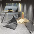 Modern Industrial Milk Tea Shop Interior With Gray Concrete Walls Blue Fabric And Pendant Lights
