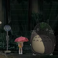 Rainy Scene with Little Girl Pink Umbrella and Giant Totoro Near Street Lamp Plants