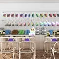 Hair Salon Interior With Colorful Hair Dye Products White Chairs And Plate Sign