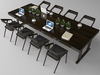 Modern Dark Wood Conference Table With Laptops Potted Plants Coffee Cups And Chairs 3d model