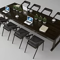 Modern Dark Wood Conference Table With Laptops Potted Plants Coffee Cups And Chairs