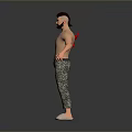 Shirtless Muscular Man With Flame Tattoo On Left Arm In Camouflage Pants And White Shoes