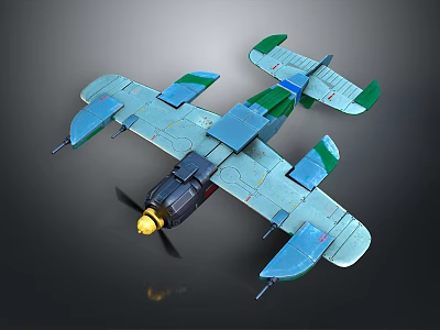 Detailed 3D Rendered Vintage Airplane Model With Blue Body Green Wings And Propeller 3d model