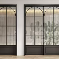 Modern Sleek Sliding Doors With Black Frame Grid Glass Design And Vertical Stripes