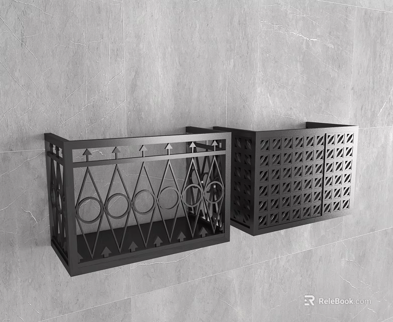 Black Metal Swing Door with Intricate Cutout Patterns Mounted on Gray Textured Wall 3d model 