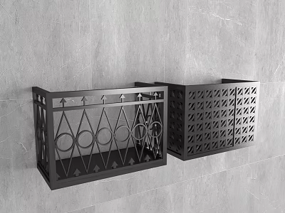 Black Metal Swing Door with Intricate Cutout Patterns Mounted on Gray Textured Wall 3d model