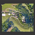 Beautiful Cartoon Scene with Green Grass Path Trees Small Houses and Castle