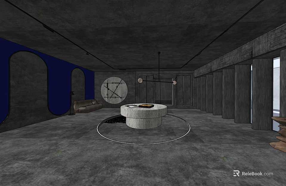 Modern Industrial Interior with Concrete Walls Central Circular Table and Blue Decor 3d model