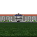 Municipal Office Building with Red Roof Beige Walls Green Lawn Front Car Entrance Canopy