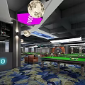 Modern Billiard Hall Interior With Pool Tables Blue Lighting And Patterned Carpet 3d model