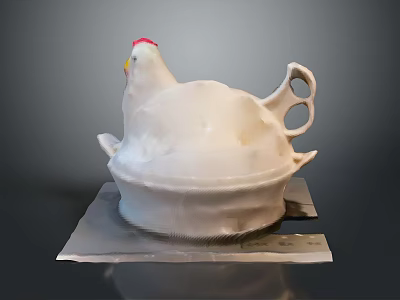 White Ceramic Chicken Shaped Sculpture Carving With Red Comb And Vessel Design On Square Base 3d model