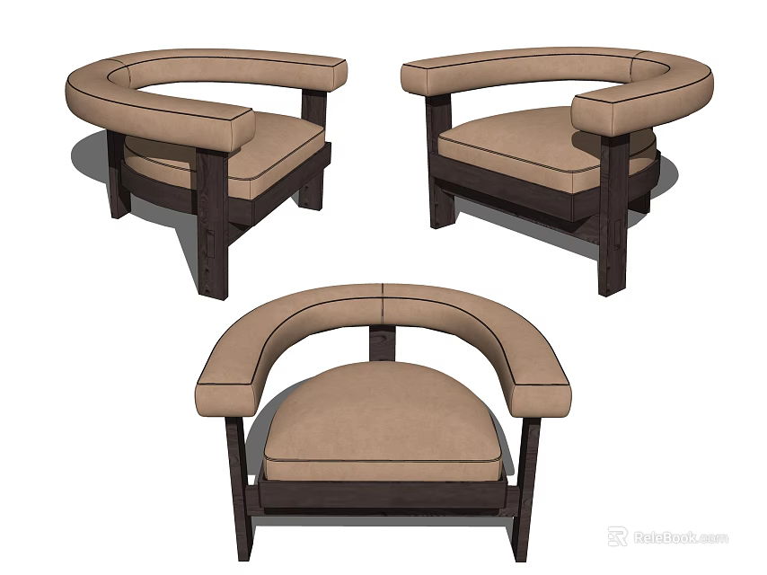 Modern Single Sofa Design With Wooden Frame Beige Cushion And Three Angles View 3d model 