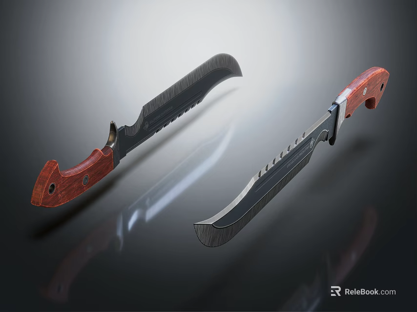 Two Black Blade Knives With Red Handles And Serrated Edges On Dark Reflective Surface 3d model 