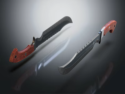Two Black Blade Knives With Red Handles And Serrated Edges On Dark Reflective Surface 3d model