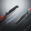 Two Black Blade Knives With Red Handles And Serrated Edges On Dark Reflective Surface