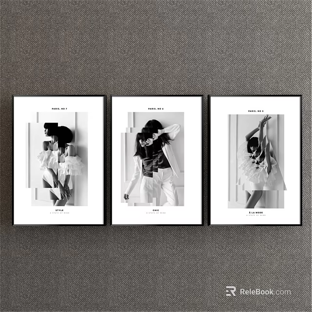 Black and White Female Portrait Art Three Framed Prints on Gray Wall 3d model 