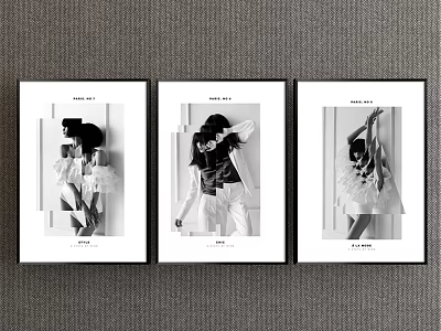 Black and White Female Portrait Art Three Framed Prints on Gray Wall 3d model