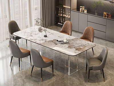 Elegant Modern Dining Table Set with Marble Top and Upholstered Grey Brown Chairs 3d model