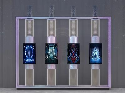 Interactive Zone With Four Display Devices Showing Abstract Patterns In Metal Frame 3d model