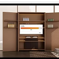 Modern Brown Decorative Cabinet With Glass Shelves Wine Bottles And Wine Glasses