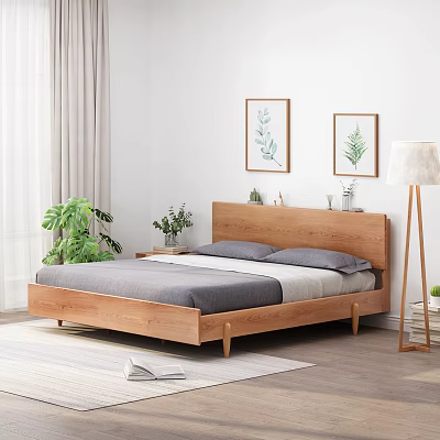 Minimalist Double Bed with Wooden Headboard Gray Mattress Two Pillows Floor Lamp and Green Plants 3d model