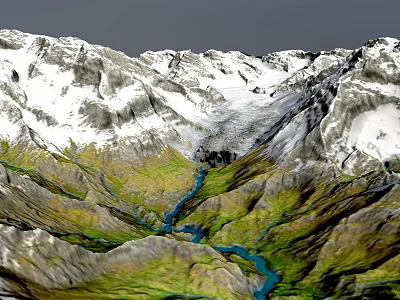 Natural Garden Landscape Featuring Snowy Mountains Green Valleys Flowing Rivers And Lush Vegetation 3d model