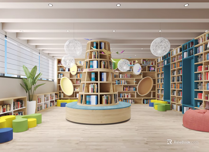 Book Art Children's Library Interior With Circular Bookshelf Colorful Cushions Wooden Shelves And Spherical Lights 3d model 