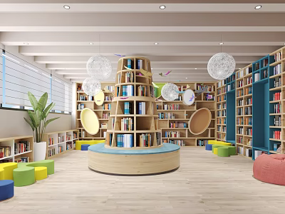 Book Art Children's Library Interior With Circular Bookshelf Colorful Cushions Wooden Shelves And Spherical Lights 3d model