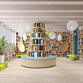 Book Art Children's Library Interior With Circular Bookshelf Colorful Cushions Wooden Shelves And Spherical Lights