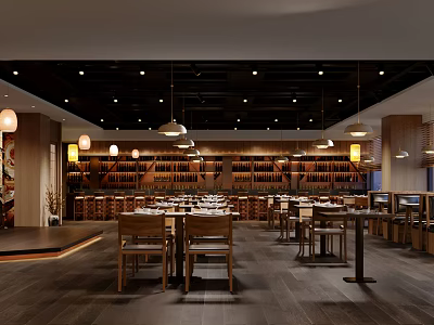 Cozy Restaurant Interior Featuring Wooden Tables Chairs Bookshelves And Hanging Pendant Lights 3d model