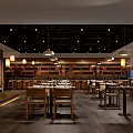 Cozy Restaurant Interior Featuring Wooden Tables Chairs Bookshelves And Hanging Pendant Lights