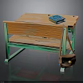 Wooden School Desk With Green Metal Legs Matching Bench Blue Book And Brown Satchel